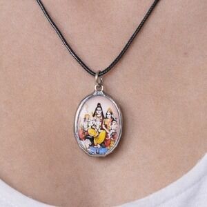 Vintage Hindu Deity Pendant Necklace Oval Religious Charm
